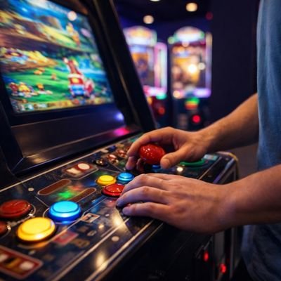 Person playing an arcade game using controls in a gaming center in Cambridge New Zealand