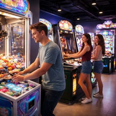 People casually playing arcade games in a modern gaming area in Cambridge New Zealand