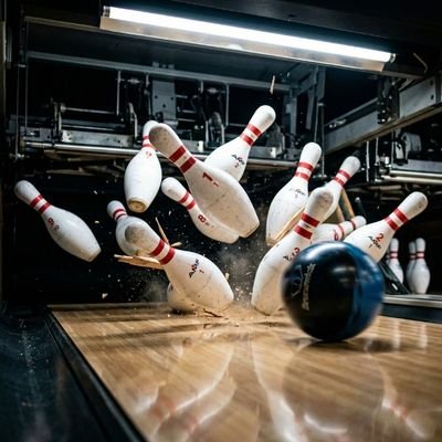 Bowling strike with pins flying