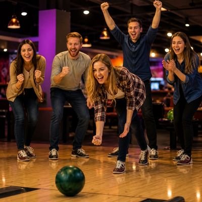 Friends enjoying a bowling game deal at a bowling alley in Cambridge New Zealand