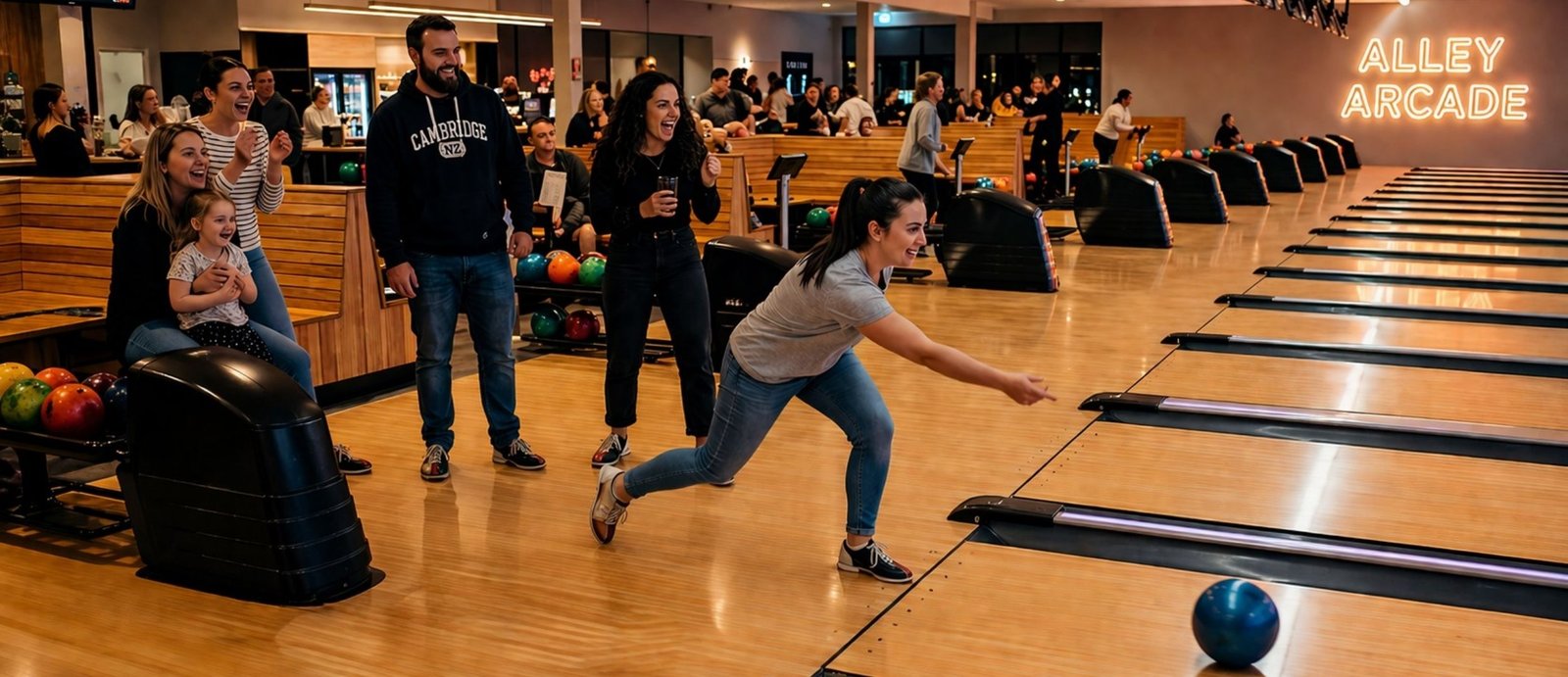 People enjoying bowling at Alley Arcade in Cambridge New Zealand with multiple bowling lanes and a group cheering a player