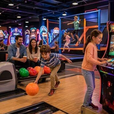 Kids and families enjoying bowling, arcade games and trampoline activities in Cambridge New Zealand