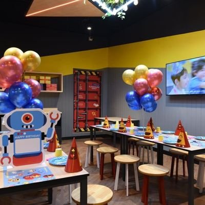 Kids party room setup with decorations at an entertainment center in Cambridge New Zealand